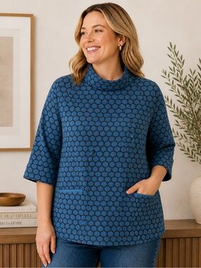 Boden Jersey Jacquard Sweater Blouse Retro Mod Mock Neck Polka Dot 3/4 Sleeve
